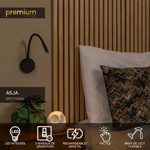 Lucide ASJA - Spot mural / Applique mural Rechargeable - Batterie/Piles - LED 3 StepDim - 1x3W 2700K - Noir | Premium - USP